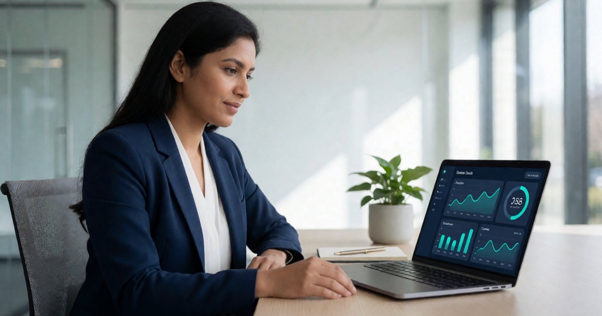 Business owner reviewing a business credit dashboard on a laptop in a modern office