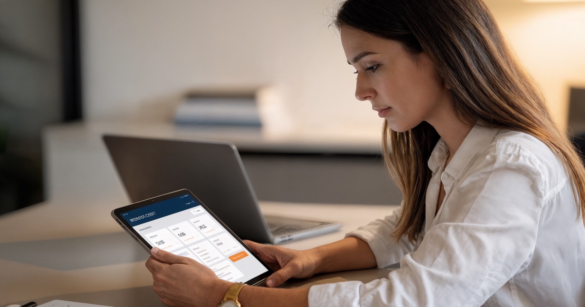 Business owner checking a business credit dashboard on a tablet