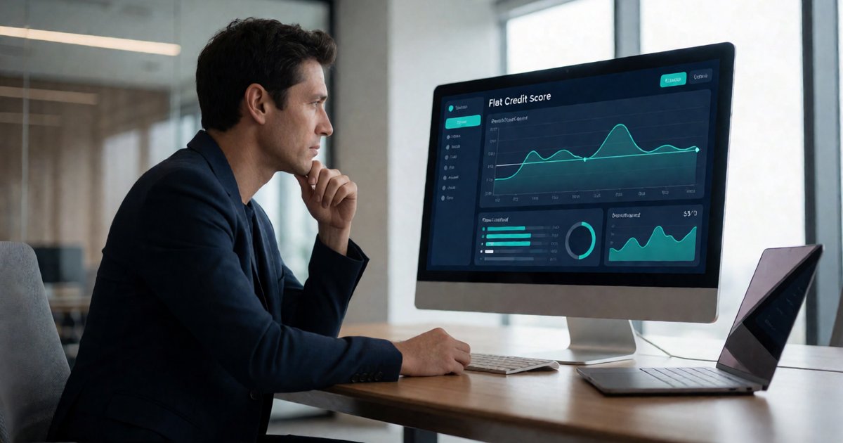 Business owner looking concerned at a credit dashboard showing a flat score trend line
